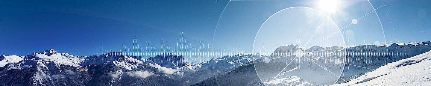 Winter mountains in Switzerland with system integration for system solutions icons